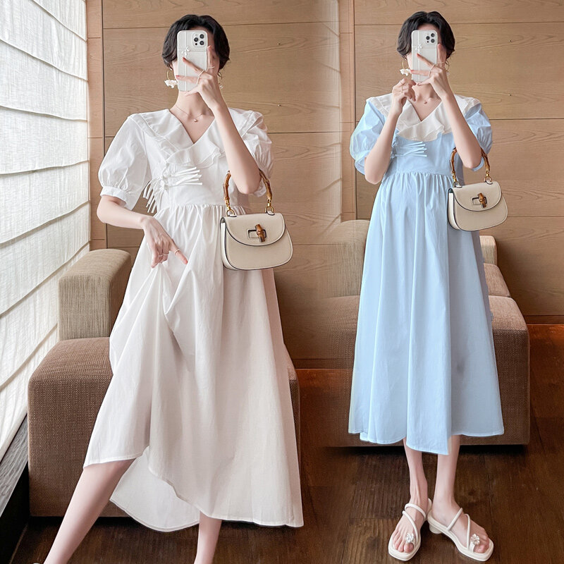 Милое Двухслойное шифоновое платье с оборками на воротнике для беременных с пышными рукавами и высокой талией для беременных женщин пляжное платье винтажная одежда