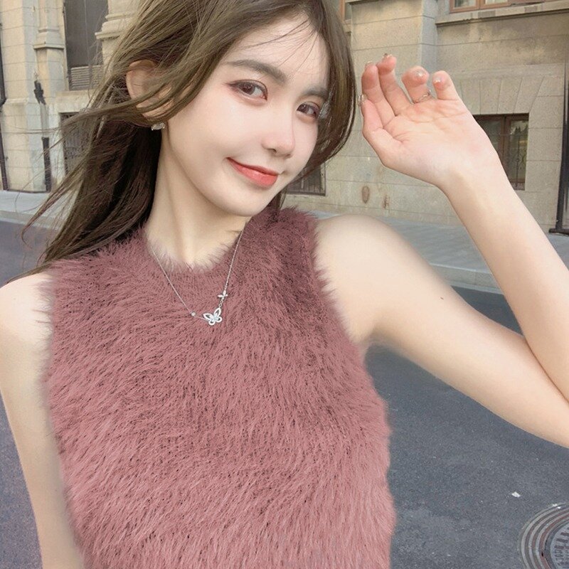 Sexy Mohair  Outer Solid Color Short Inner Women's Vest Bottoming Shirt
