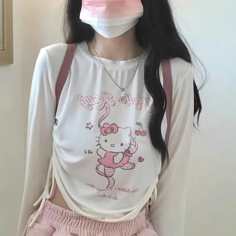 Sanrio Pink Long Sleeve Tee Kawaii Hello Kitty Star T-shirt Y2k College Sweet Cute Girl Short Top Women New Spring Clothing 2023