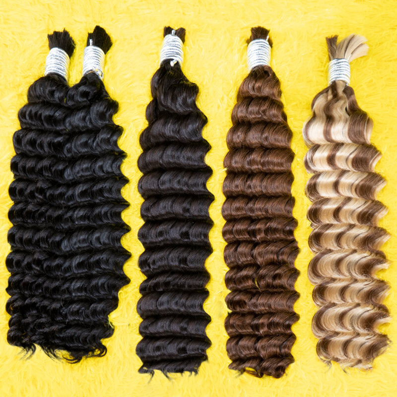 Extensiones de cabello humano a granel, mechones de cabello Remy brasileño rizado, ondulado profundo, sin trama, Natural, negro, a granel