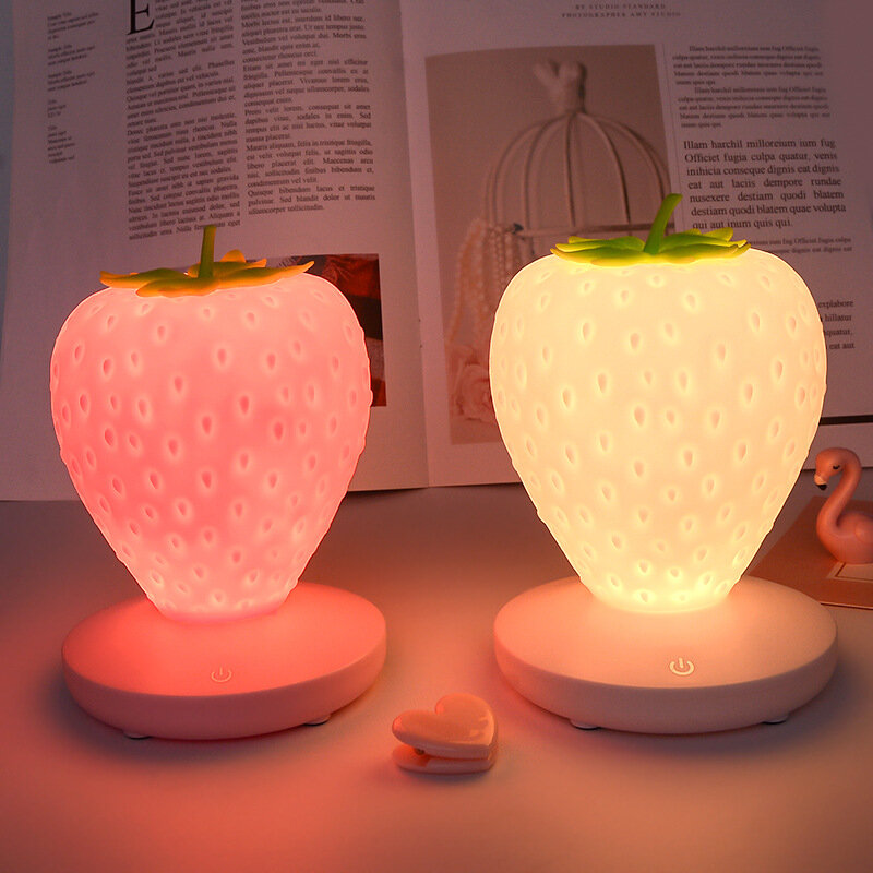 Lámpara LED de fresa para dormitorio, luz nocturna de silicona con Sensor táctil, recargable por USB, regulable, idílica, para decoración de la casa