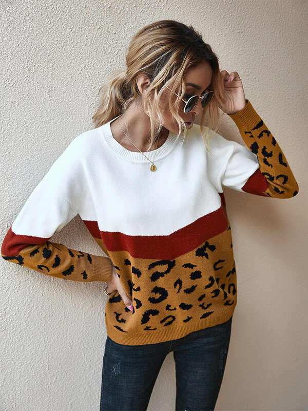 Suéter de punto con retales de leopardo para mujer, jersey de manga larga con cuello redondo, Top marrón caqui, otoño e invierno, 2022