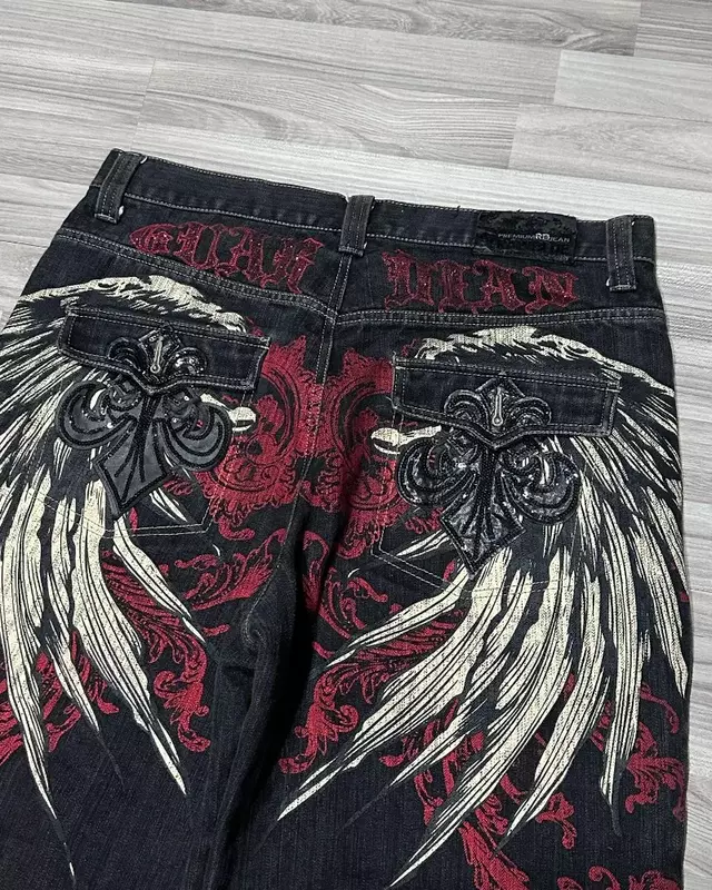 Y2K Vintage Gothic Wing Letter Embroidery Denim Shorts Baggy Jeans Punk Hip Hop Wide-leg Pants Streetwear New