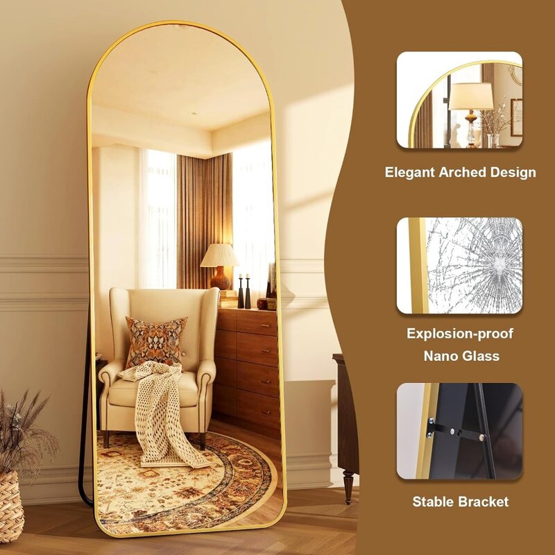 Arched Full Body Mirror Freestanding Tilt Mirror Hanging Mounted Mirror Aluminum Frame, Suitable for Living Room Bedroom, Gold