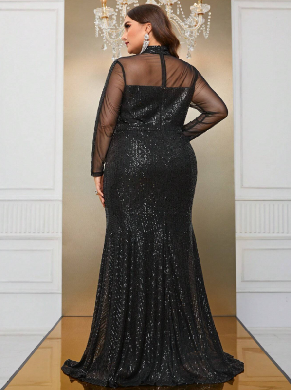Vestido de renda com lantejoulas feminino, vestidos de noite elegantes, manga comprida, moda grande, vestido de senhora banquete, tamanho grande, preto