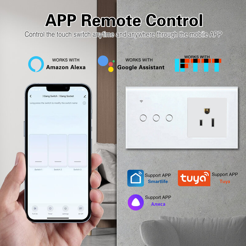 Enchufe tipo EE. UU. Con interruptor táctil inteligente, Panel de vidrio, botón Sensor, funciona con Google Home, Tuya, Alexa, Control de voz
