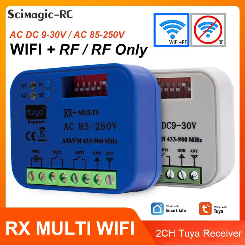 Universal RX Multi WIFI Garage Door Remote Control Receiver 2CH Controller Smart Switch 433 868 MHz Tuya Frequency 300-900MHz