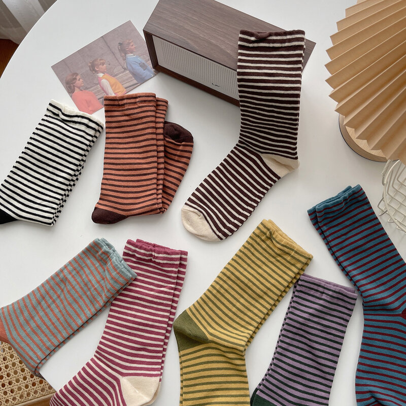 Calcetines Retro a rayas para niños y mujeres, medias de tubo medio, medias de algodón, medias coreanas, calcetines japoneses, primavera y otoño