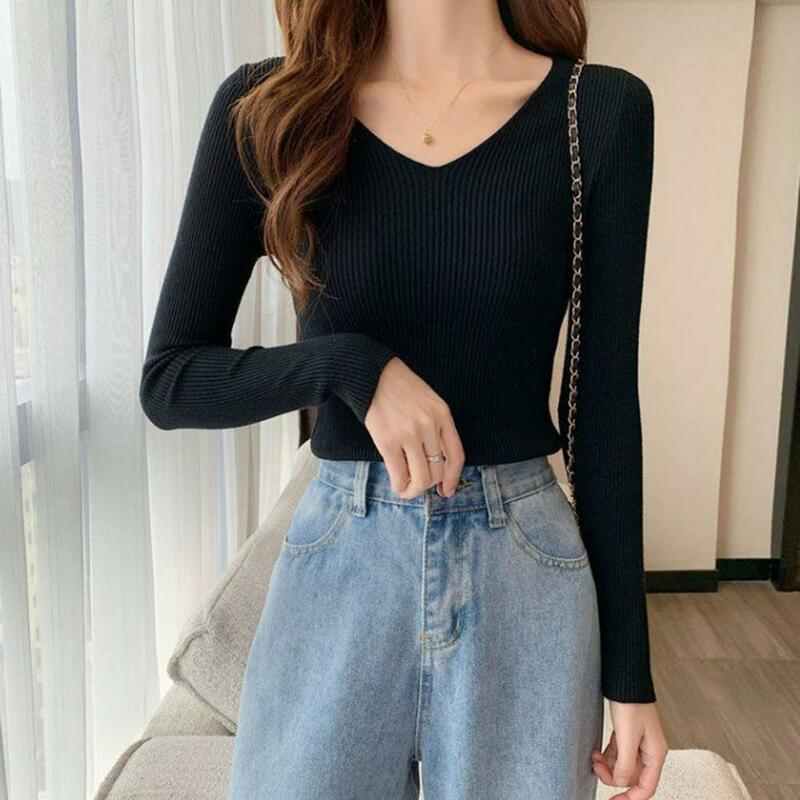 Women Fall Spring Top Knitted Slim Fit V Neck Sweater Soft Elastic Pullover Long Sleeve Bottoming Top Lady Winter Sweater