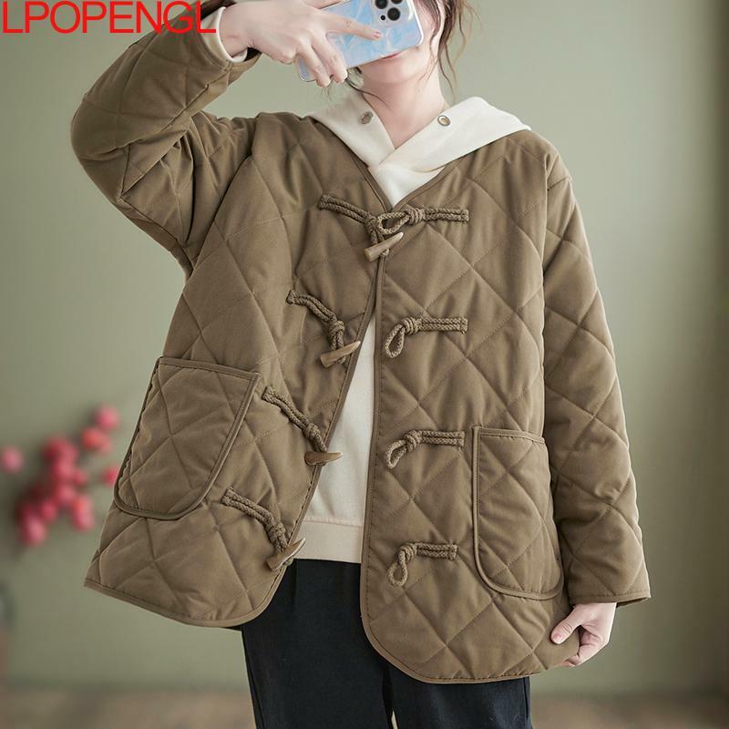 2023 Autumn And Winter Korean Fashion Women's Loose Solid Color Casual Long Sleeves Horn Buckle Single-breasted Cotton Jacket