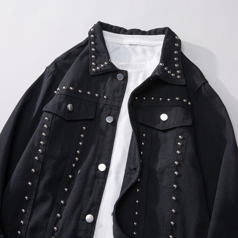 Демисезонные черные джинсовые куртки Y2K в стиле панк с заклепками, свободная уличная одежда, готическая хлопковая куртка, мужские пальто