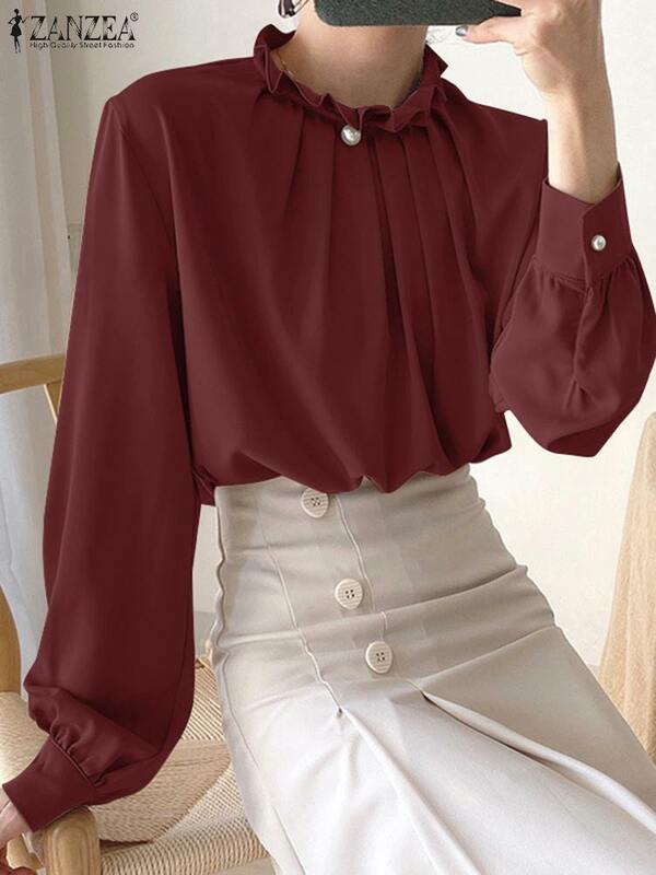 ZANZEA-blusa de manga comprida feminina, tops casuais de túnica de rua, camisa vintage com decote em o, moda monocromática OL, outono, 2023