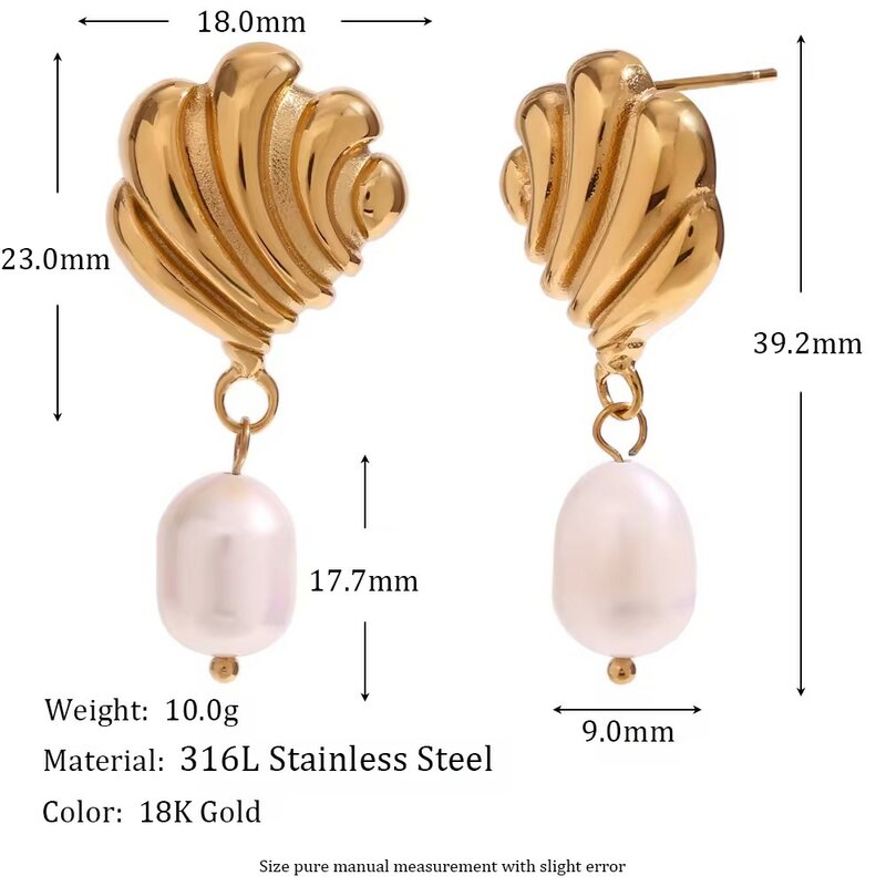 Pendientes de gota de perlas de agua dulce 2024, pendientes de tuerca con diseño de concha de mar, joyería de acero inoxidable