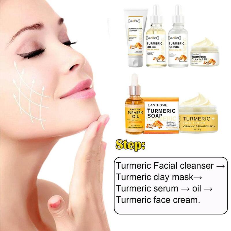 Turmeric Face Care Kit Cleansing Pores Acne Spot Remover Shrink Set Repair Care Pores Skin Anti-Wrinkle Moisturizing Whiten G1X2