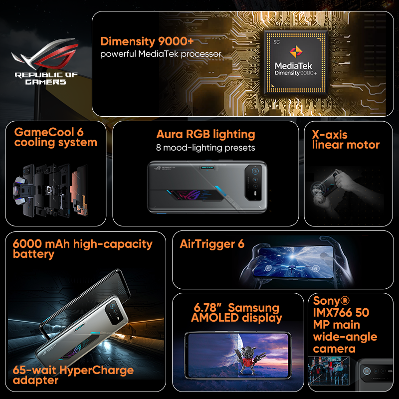 ASUS ROG 휴대폰 6D MediaTek Dimensity 9000 + 165Hz E-스포츠 화면, 6000mAh 배터리, 65W 고속 충전, ROG 6D 휴대폰