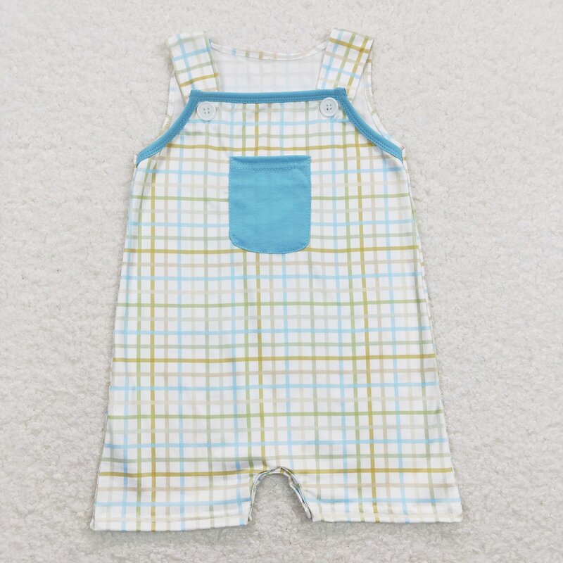Wholesale Newborn Baby Boy Easter Clothes Sleeveless Pocket Plaid Shorts Romper Kids Toddler One-piece
