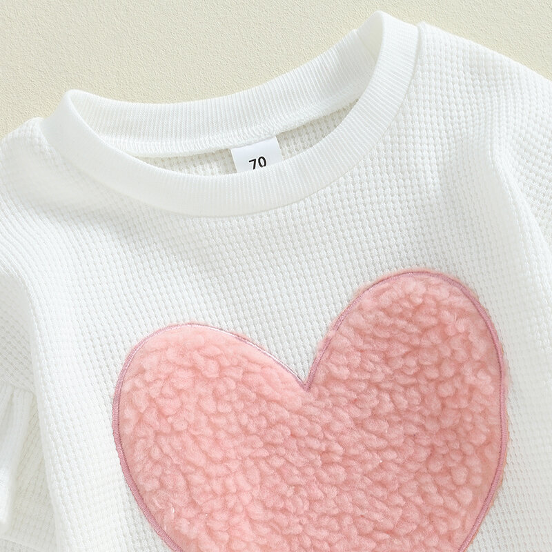 Camisola de manga comprida e calça elástica das meninas, coração bordado, babados, roupas de criança, outono, outono, 2024-05-24