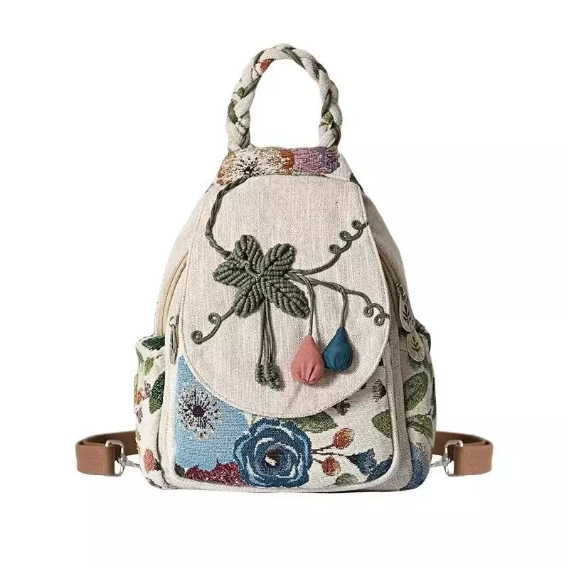 Ethnic Style Backpack Hand Woven Double Shoulder Multi Compartment Lightweight Canvas Commuting Multi-functional Chest Bag 2024