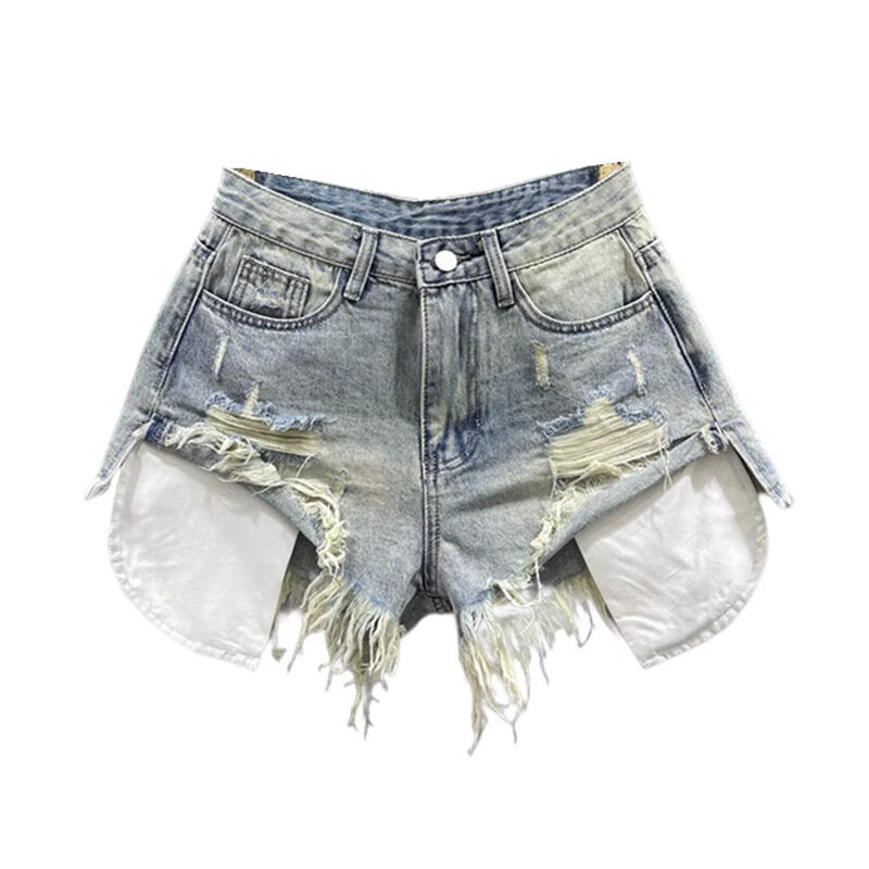 Korean Vintage Blue Sexy Ripped Jeans for Women Patchwork A-line High-waisted Denim Ultra Shorts