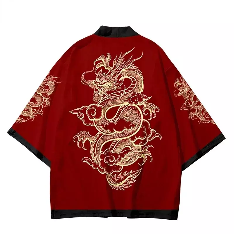 3D Dragon Print Cardigan para senhoras, vestido asiático tradicional, Cosplay camisa vermelha, quimono de praia Harajuku, moda japonesa, Haori, 2024