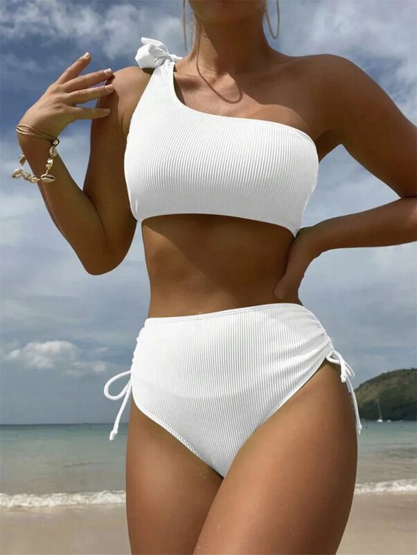 Sexy One-shoulder Bandage Bikinis Drawstring High Waist Swimwear Push Up Bathing Swim Suit Womens 2 Piece Outfit Set Beach Thong