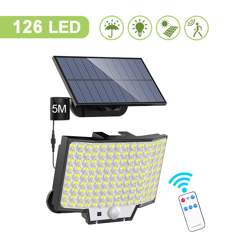 Lâmpada solar impermeável ao ar livre com sensor de movimento, holofote poderoso para garagem de jardim, 348LED, 126 LED, 328LED
