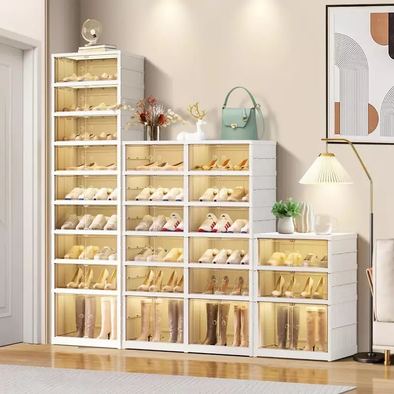 Zapatero plegable de plástico para armario, caja de almacenamiento de zapatos plegable transparente apilable, casillero alto