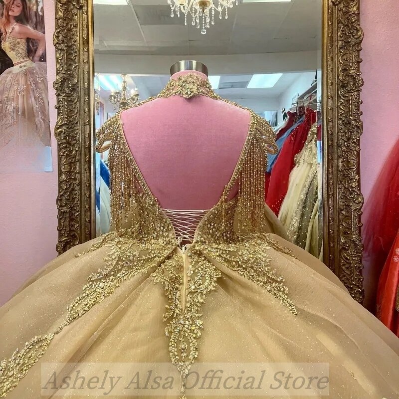 Princesa frisada Vestidos Quinceanera, alta Neck Crystal Ball Gown, Prom Birthday Party, Imagem Real, Arábia Saudita, 15, 16