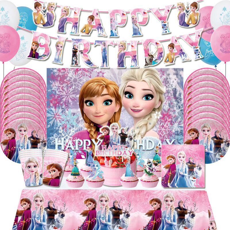 Taplak meja pesta ulang tahun anak perempuan, Disney, merah muda, dekorasi pesta ulang tahun anak perempuan, taplak meja balon Elsa Anna, piring cangkir, perlengkapan pesta Ratu Salju