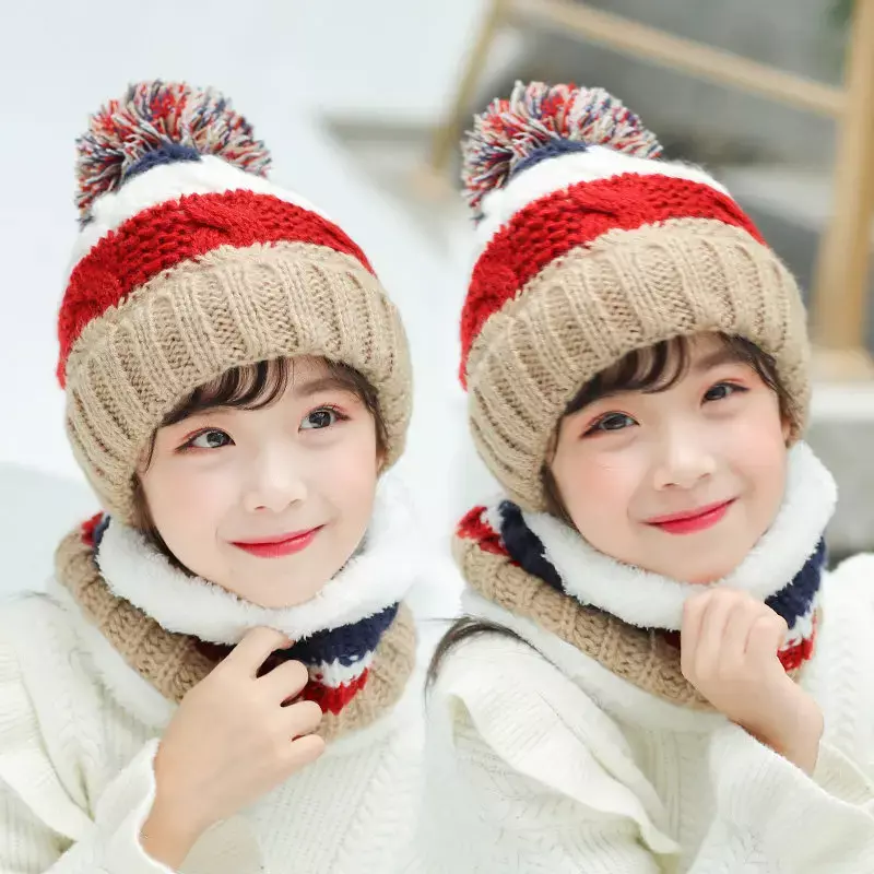 Winter Knitted Wool Ball Beanies for Children Cute Sweet Plus Velvet Thick Hat Scarf Set Korean Version Warm Boys Girls Caps