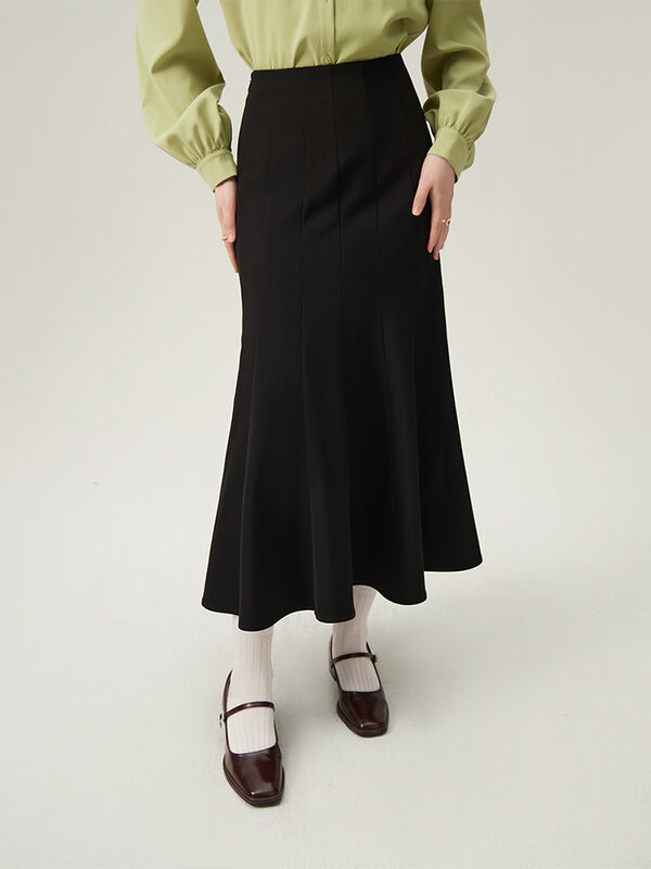 FSLE Office Lady Zipper Waist Pleated Design Long Mermaid Skirts Spring New Solid Twill Women Black Skirt 24FS11060