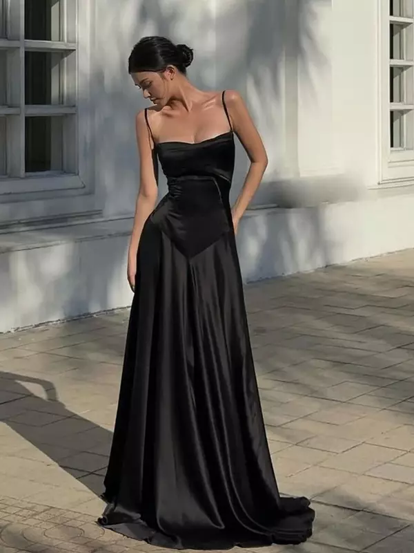 Suninheart-vestido Formal negro con tirantes finos y cordones para mujer, vestido de lentejuelas ahuecado, vestido de noche para fiesta de graduación, Sexy, nuevo, Verano
