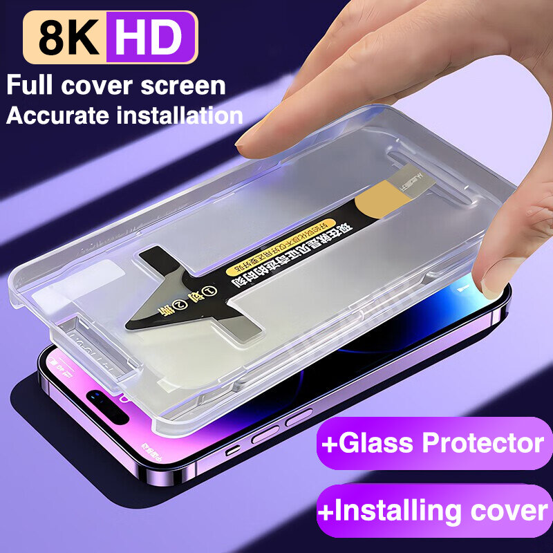 Protector de pantalla de vidrio templado con cubierta de montaje de alineación, alta gama, 8K, iPhone 15, 14, 13, 12, 11 Pro Max, XS MAX, X, XR, 15 Plus