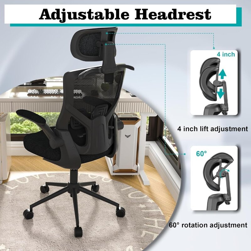 Silla de oficina ergonómica con respaldo alto, silla de escritorio de malla con cojín de espuma moldeada gruesa, colgador de abrigo, reposacabezas ajustable