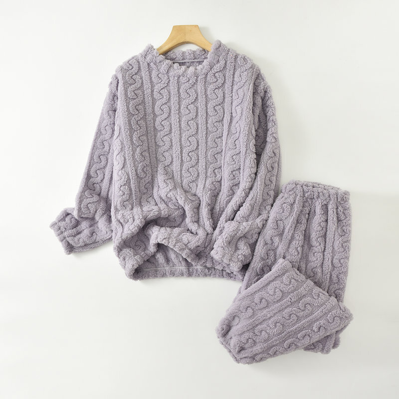 Fdfklak Fato de pijama de duas peças de veludo, calça acolchoada de manga comprida, roupa para casa jacquard solta e quente, casual, outono e inverno