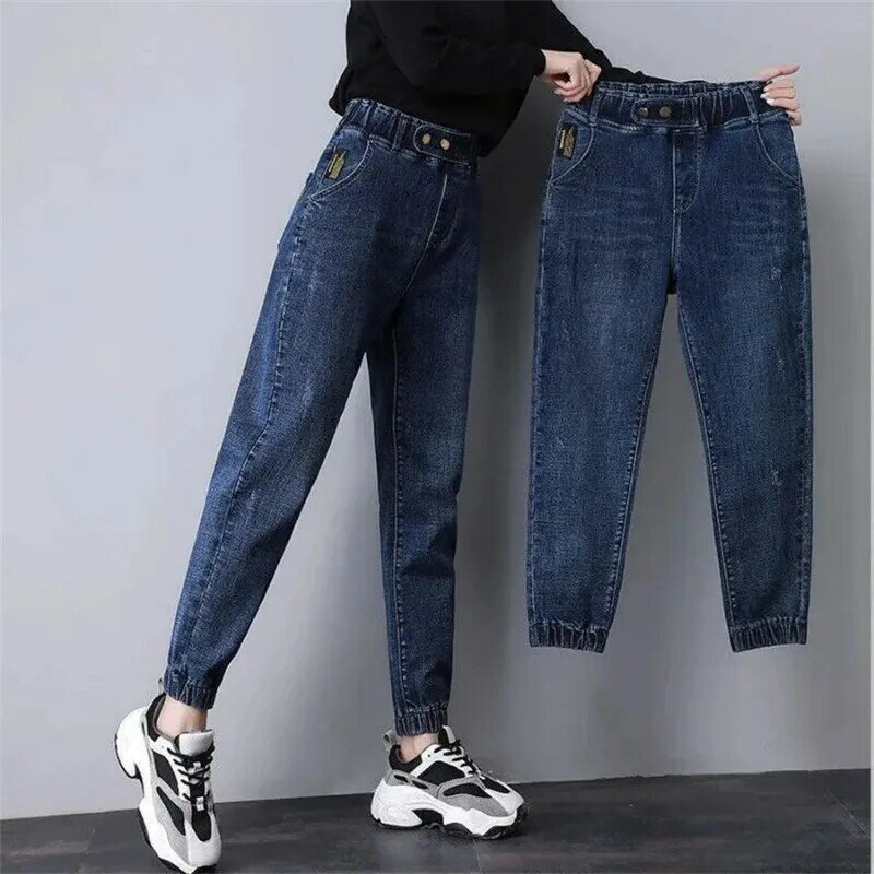Dżinsy joggery damskie koreańskie nowe proste spodnie z wysokim stanem do kostek do kostek wiosenno-jesienne luźne w stylu Casual spodnie dżinsowe