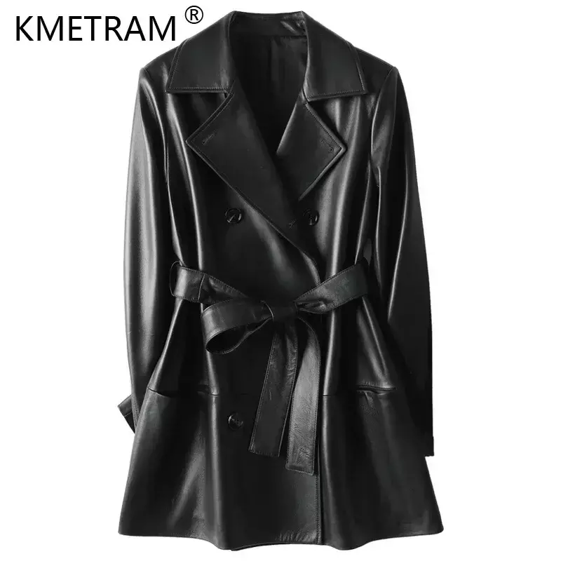 Jaqueta de couro de carneiro real de comprimento médio feminina, casaco elegante, outwear, couro genuíno 100%, moda coreana