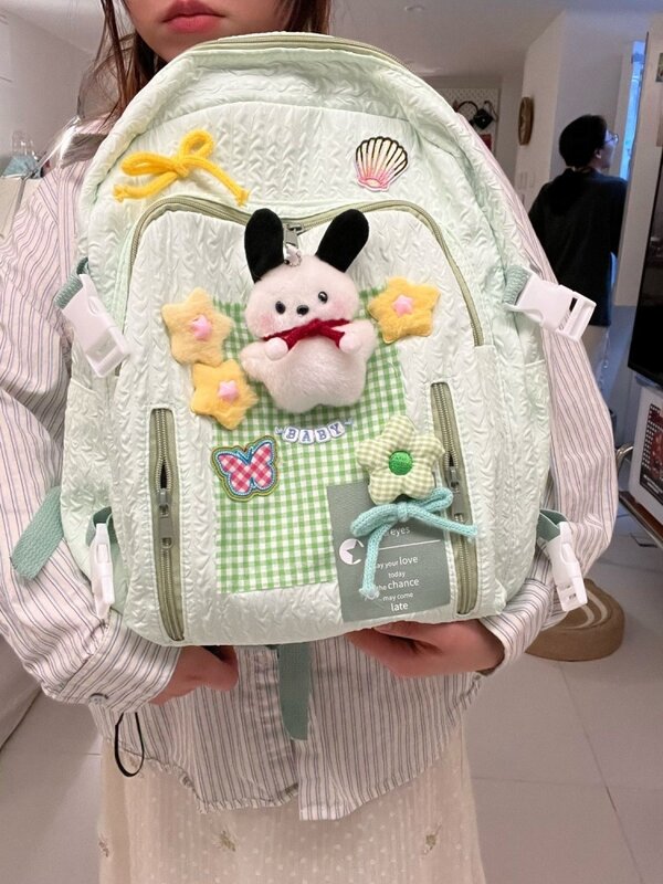 2024 Green Dog Flower Butterfly Plaid Backpack Casual Big Capacity Schoolbag Handbag Student Leisure Travel Backpack