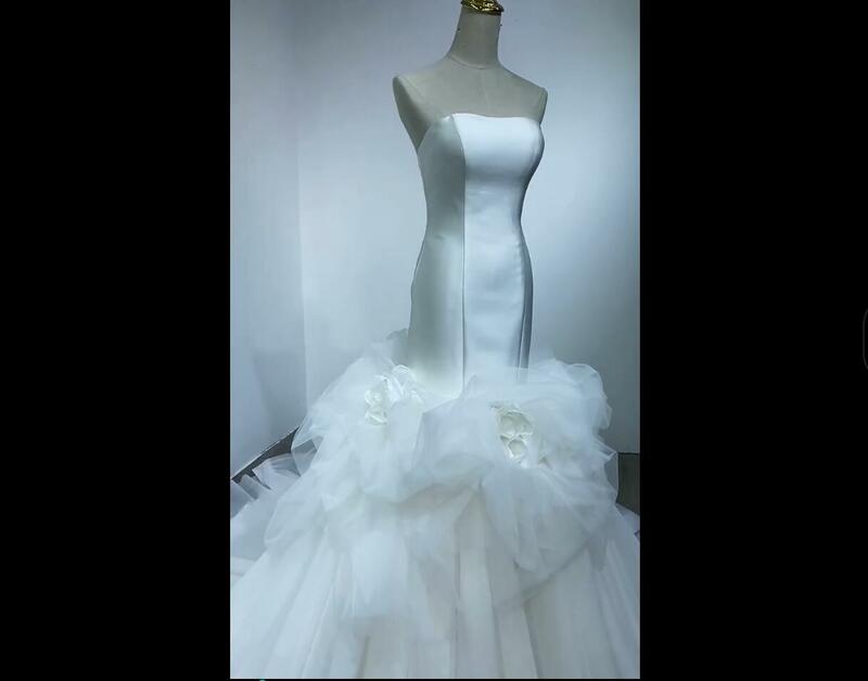 Immagine reale abito da sposa a sirena fiori fatti a mano abiti da sposa senza spalline abiti da sposa a strati su misura