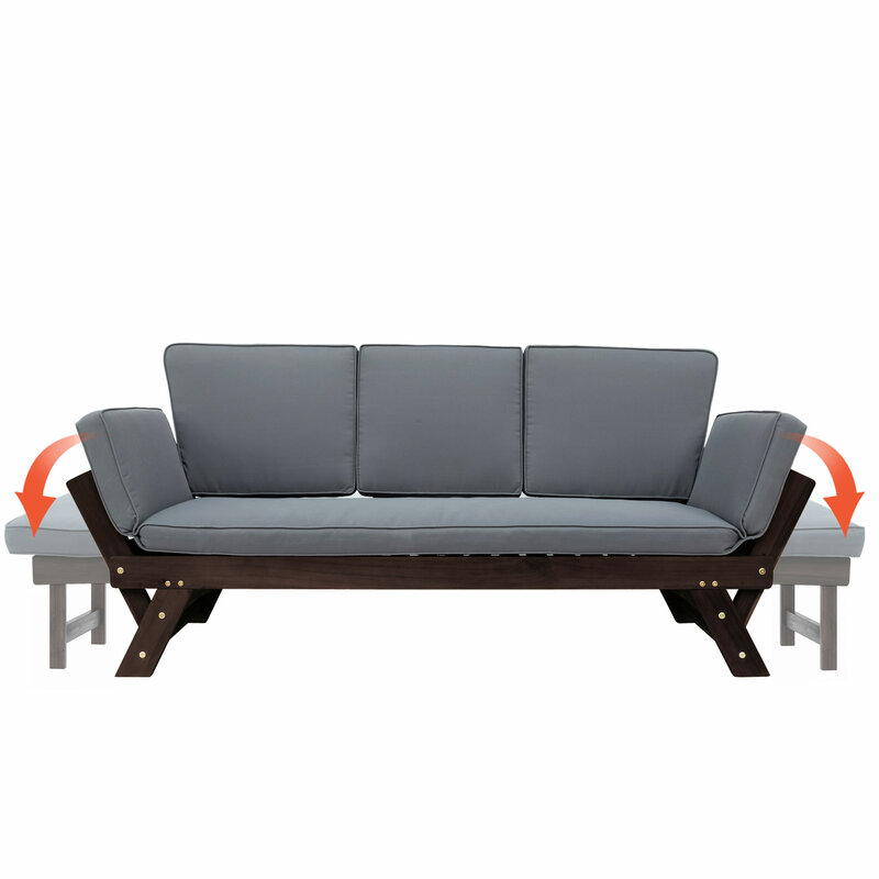 Pátio ajustável ao ar livre de madeira daybed sofá chaise lounge com almofadas para pequenos lugares acabamento marrom + almofada bege