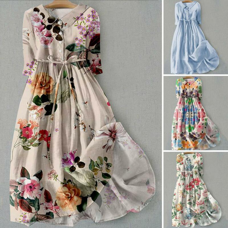 Vestido midi floral estampado estilo boêmio feminino com detalhes com cordões, decote V, vestido plissado em linha A para alta, primavera