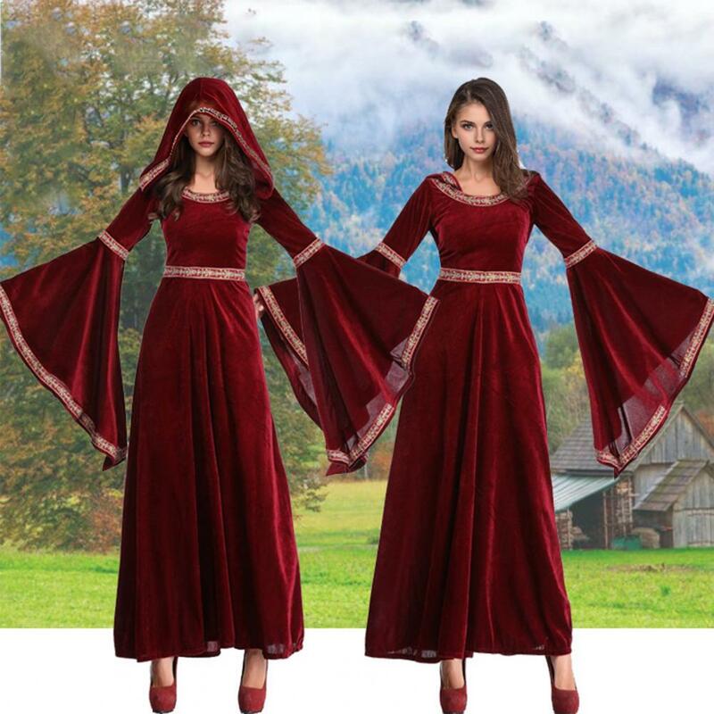 Gaun Maxi beludru bergaya antik wanita, gaun Cosplay Halloween bergaya Victoria dengan lengan lonceng kontras untuk abad pertengahan