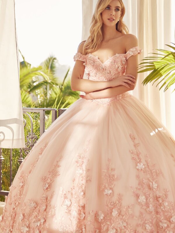 Charmante Applikationen 3d Blume Quince anrra Ballkleider elegant von der Schulter Prinzessin lange rosa süße 16 Kleid Vestidos