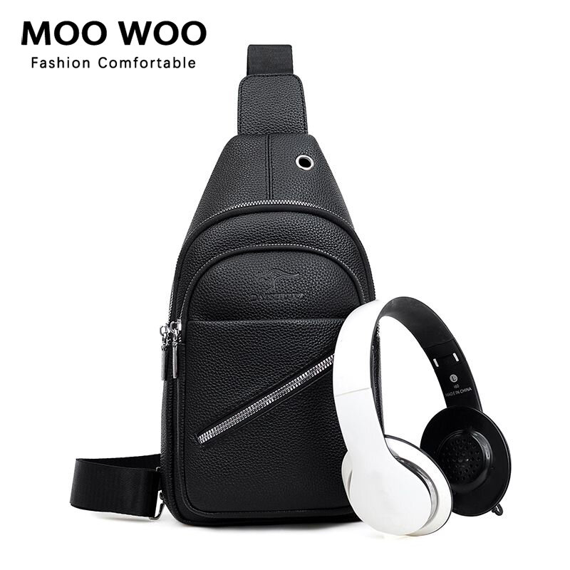 MOOWOO-Sac messager en cuir véritable pour homme, sacs de poitrine, sac à bandoulière, sac de poitrine décontracté, chargement USB, lancé d'affaires
