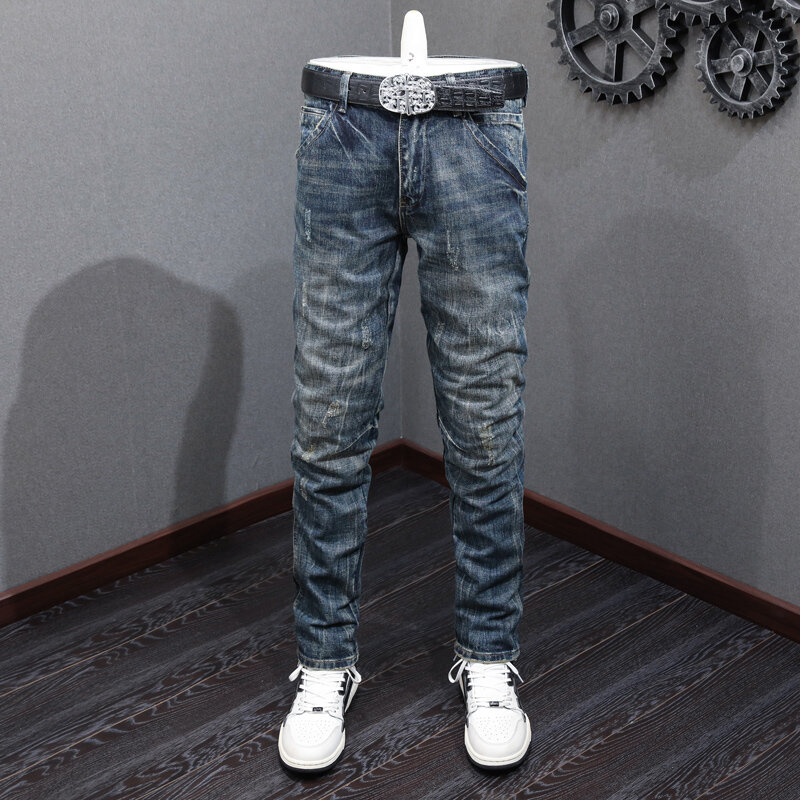 Jeans Pria Fashion Gaya Jepang Jeans Sobek Ramping Lurus Biru Tua Retro Kualitas Tinggi Celana Denim Desainer Antik Pria Hombre