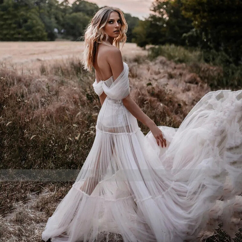 Bridal Gowns Sleeveless Illusion Elegant Bohemian Ivory Dresses 2024 Boho Beach Wedding Dresses Off the shoulder Lace Appliqued