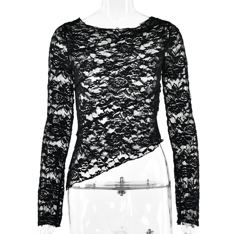 여성용 섹시한 레이스 메쉬 시스루 슬림 핏 플레어 긴팔 크롭 탑, 짧은 블라우스 티셔츠, 패션 신상