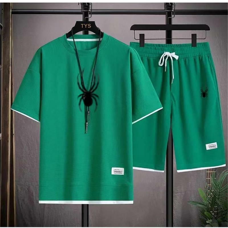 Комплект из 2-х предметов с вафельным узором для мужчин, летняя спортивная одежда, мужская модная одежда в стиле Харадзюку, модный свободный крой