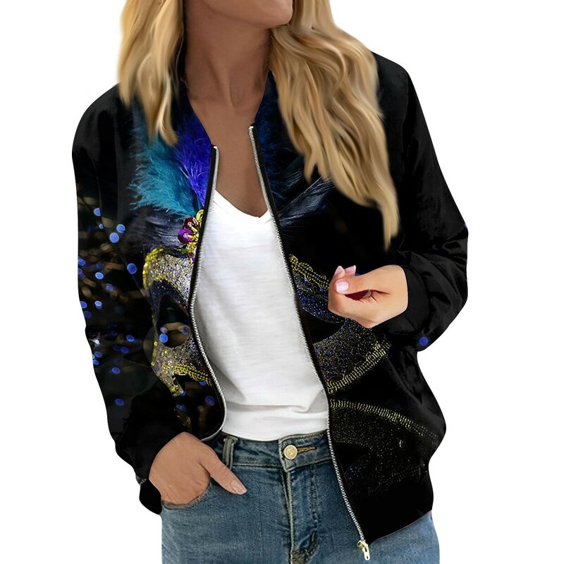 Jaqueta feminina com zíper de manga comprida, casacos leves e cortados, frente elegante, estampa do Mardi Gras, casual acolchoado, personalizado