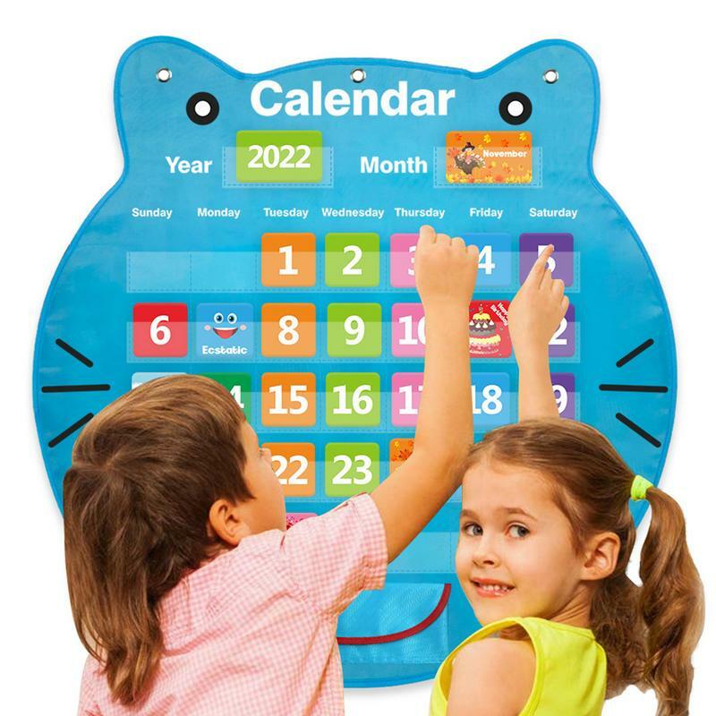 Organizer z kieszonkami dla klasy elementarnej w kształcie kot kreskówkowy klasowej kalendarz z przezroczystym nadrukiem pomoce nauczycielskie z dolną kieszenią